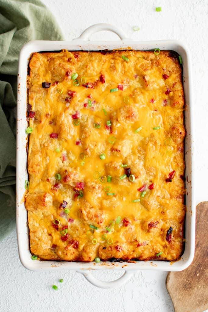 Breakfast tater tot casserole in baking dish